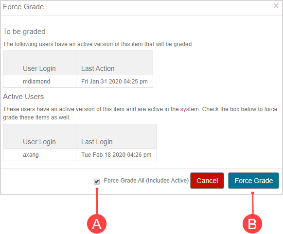The force grade all check box is below the list of all attempts in the force grade modal.